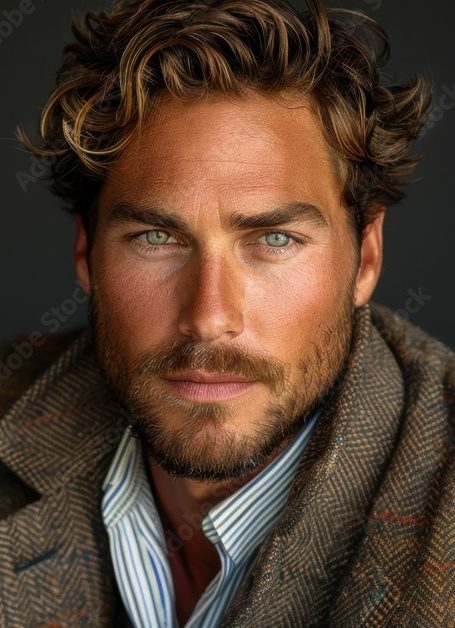 A man with wavy blonde hair and blue eyes looks directly at the camera. He has a beard and is wearing a tweed jacket