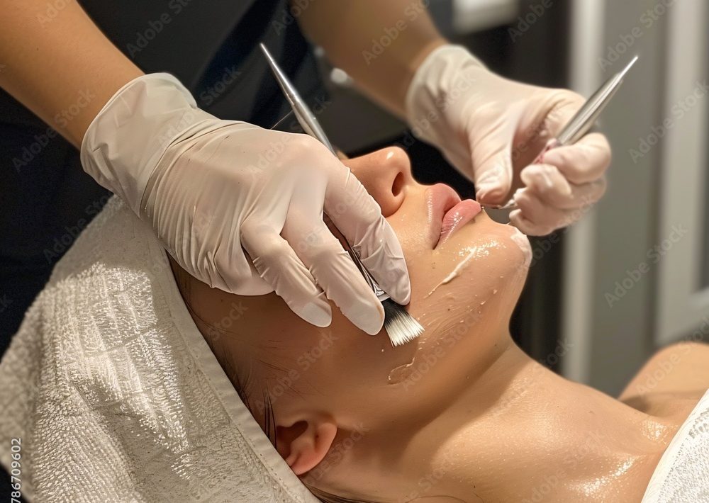 Young woman undergoing a dermaplaning facial treatment at a beauty center, focusing on skincare and wellness